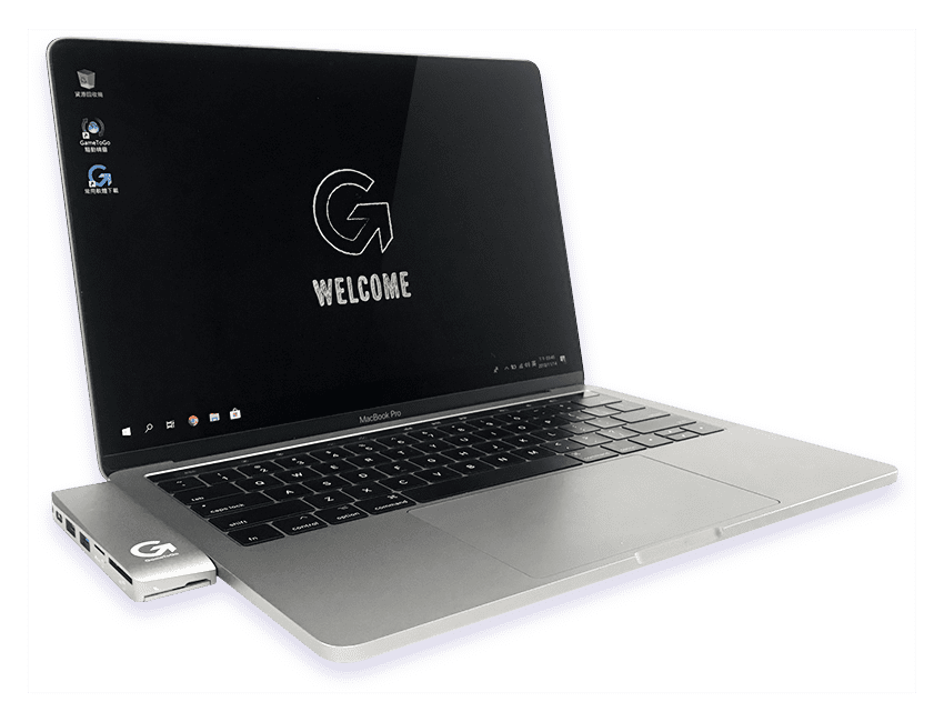 GameToGo Dock attached to the side of a MacBook Pro showing the GameToGo welcome screen