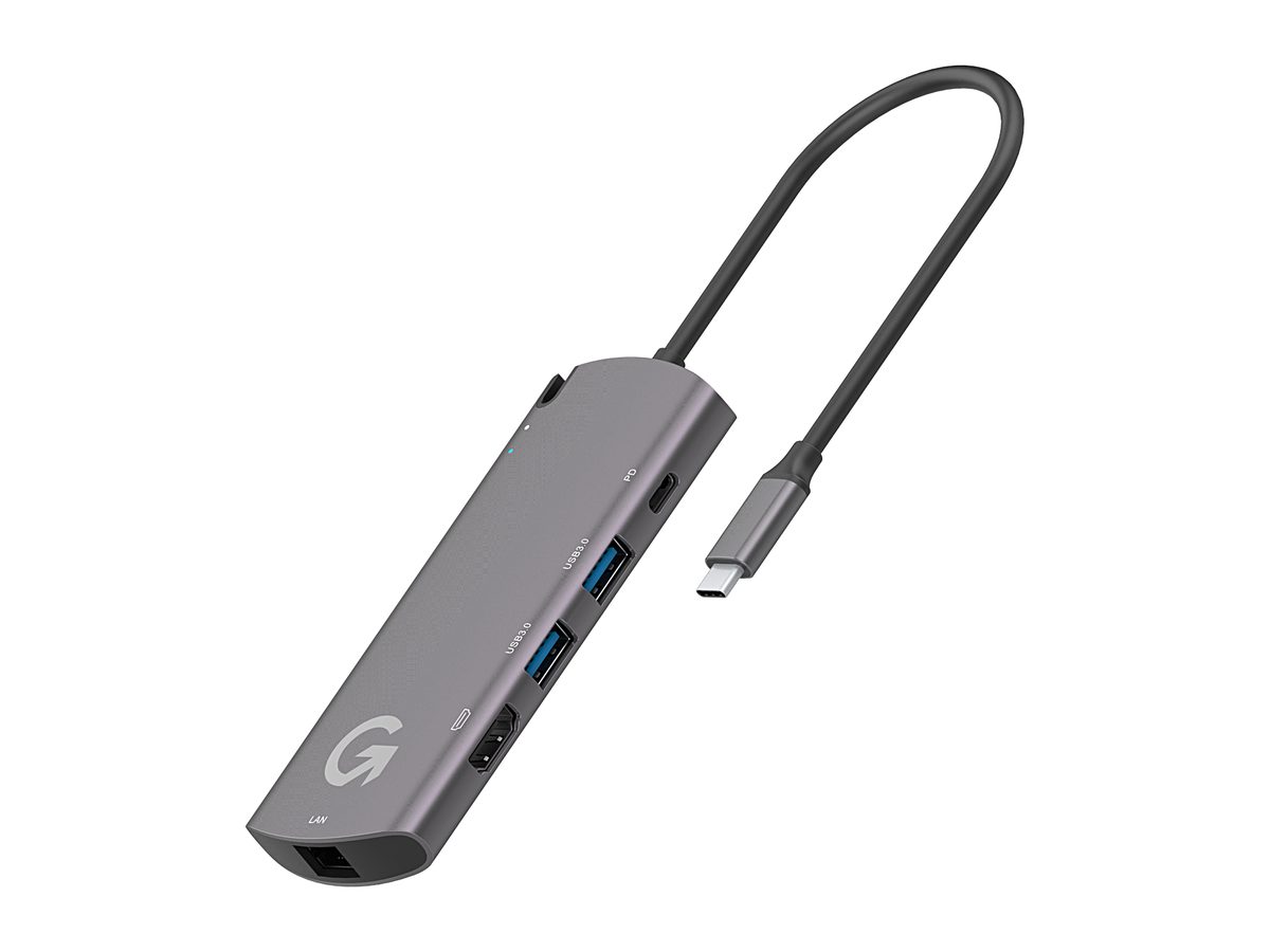 A space gray AppToGo Hub adapter with a USB-C cable